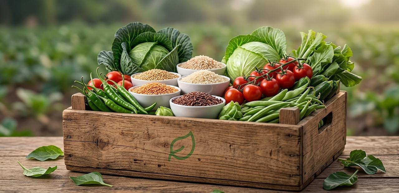 A crate of produce and grain from the depot